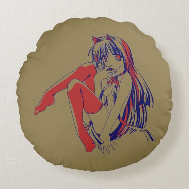 American Manga Neko Catgirl Kawaii Anime Round Pillow (Front)