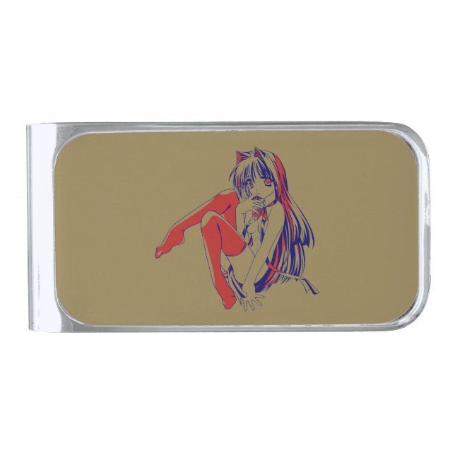 American Manga Neko Catgirl Kawaii Anime Silver Finish Money Clip (Front)