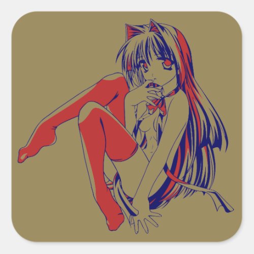 American Manga Neko Catgirl Kawaii Anime Square Sticker