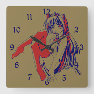 American Manga Neko Catgirl Kawaii Anime Square Wall Clock