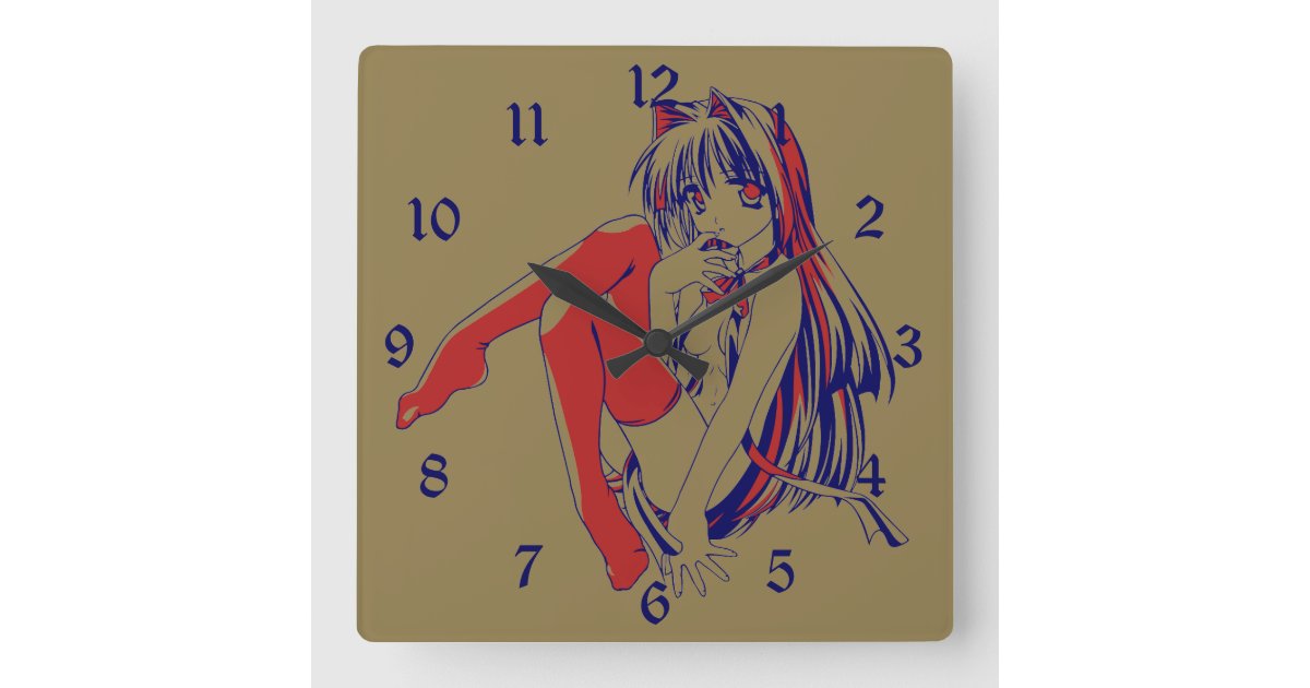American Manga Neko Catgirl Kawaii Anime Square Wall Clock | Zazzle