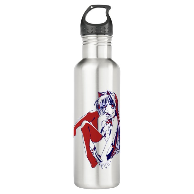 American Manga Neko Catgirl Kawaii Anime Stainless Steel Water Bottle (Front)