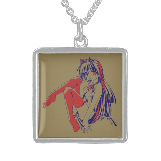 American Manga Neko Catgirl Kawaii Anime Sterling Silver Necklace (Front)