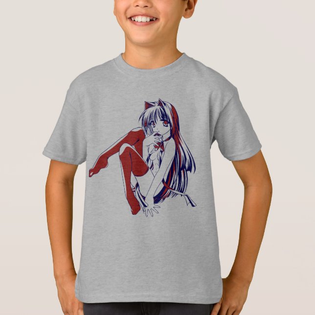 American Manga Neko Catgirl Kawaii Anime T-Shirt (Front)