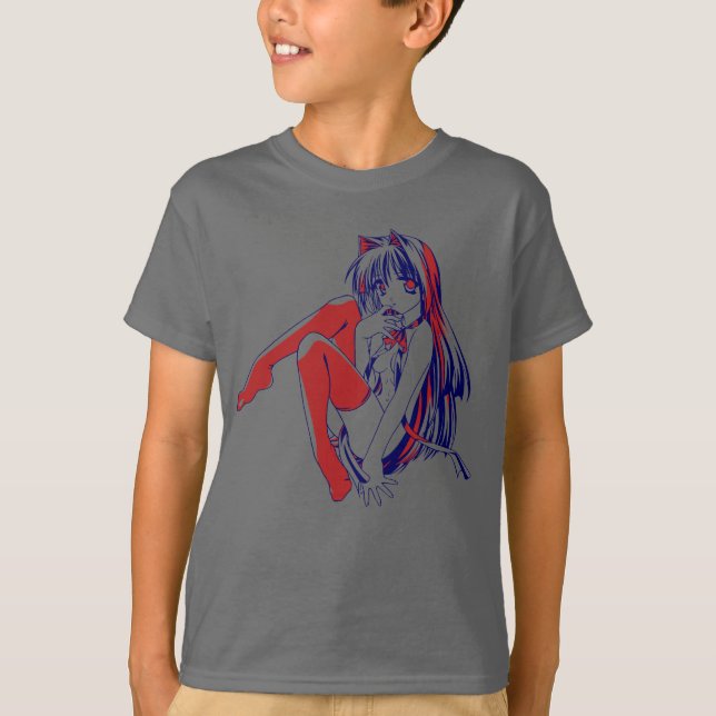 American Manga Neko Catgirl Kawaii Anime T-Shirt (Front)