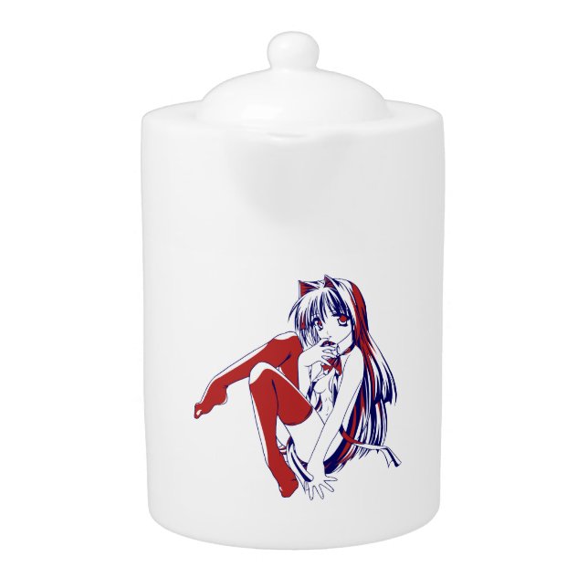 American Manga Neko Catgirl Kawaii Anime Teapot (Front)