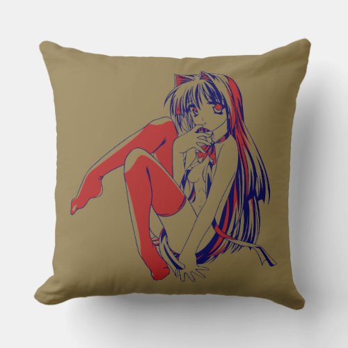 American Manga Neko Catgirl Kawaii Anime Throw Pillow