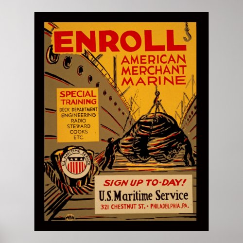 American Merchant Marine Enroll Today Vintage WPA Poster