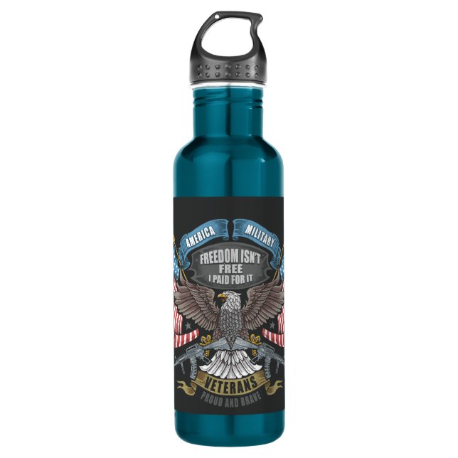 American Military with Flag and Eagle   Stainless Steel Water Bottle (Front)