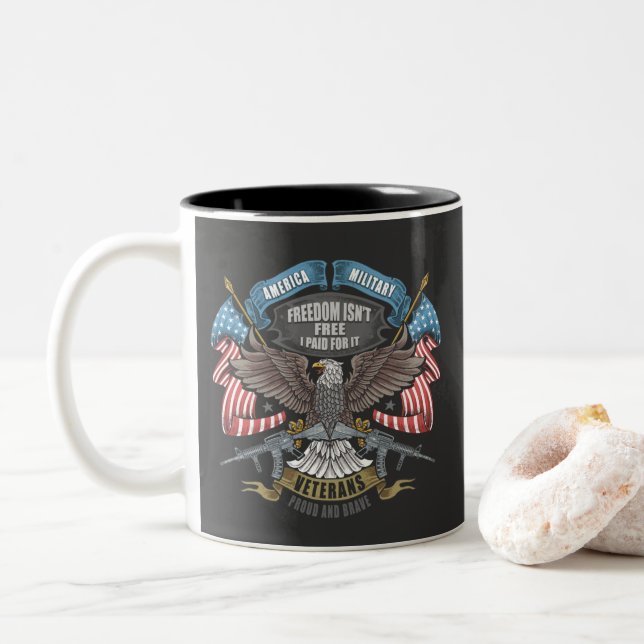 American Military with Flag and Eagle Two-Tone Coffee Mug (With Donut)