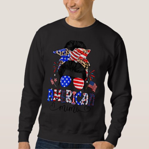 American Mimi Messy Bun Usa Flag Leopard 4th Of Ju Sweatshirt