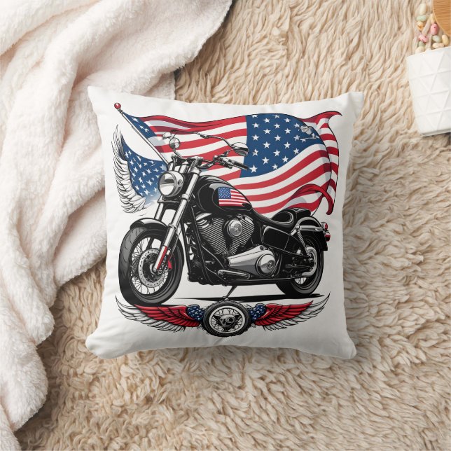 American motorcycle with a flag in the background throw pillow (Blanket)
