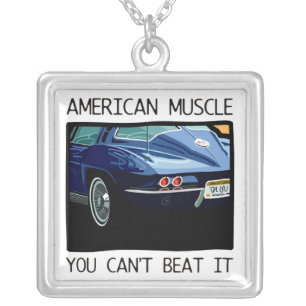 American muscle car, classic and vintage blue V8 Silver Plated Necklace