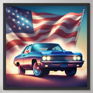 American Muscle Car Dream With The USA Flag Framed Art