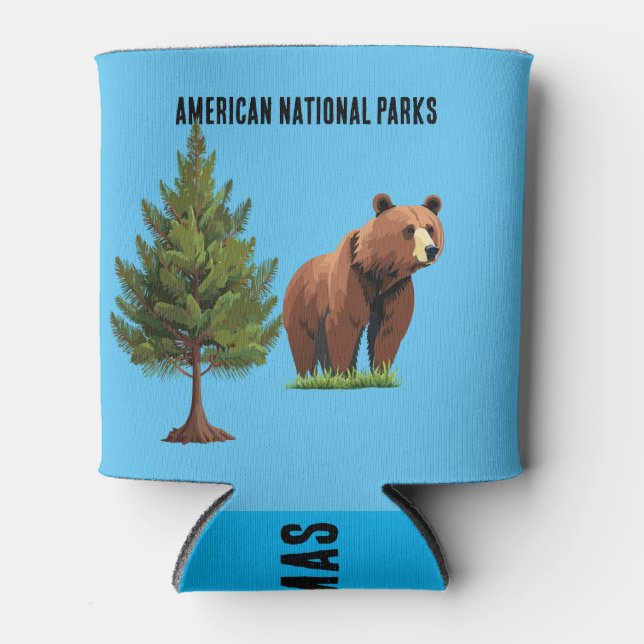 American National Park Brown Bear Pine Tree Can Cooler (Front)