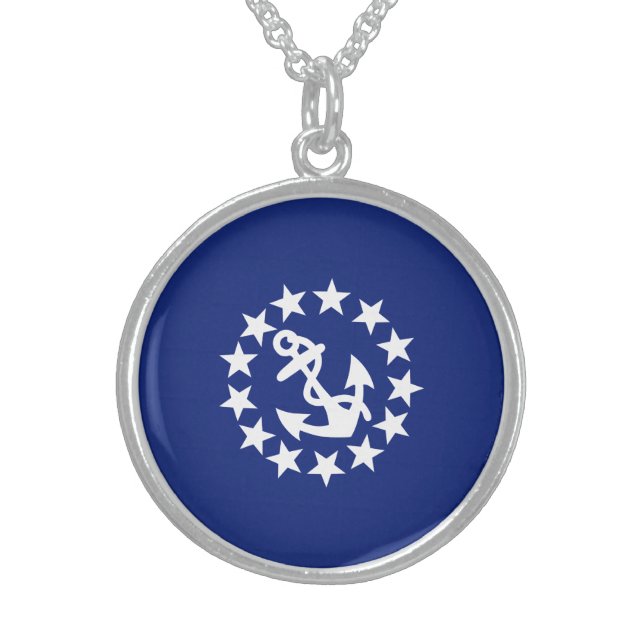 American Nautical Yacht Flag Anchor Stars Blue Sterling Silver Necklace (Front)