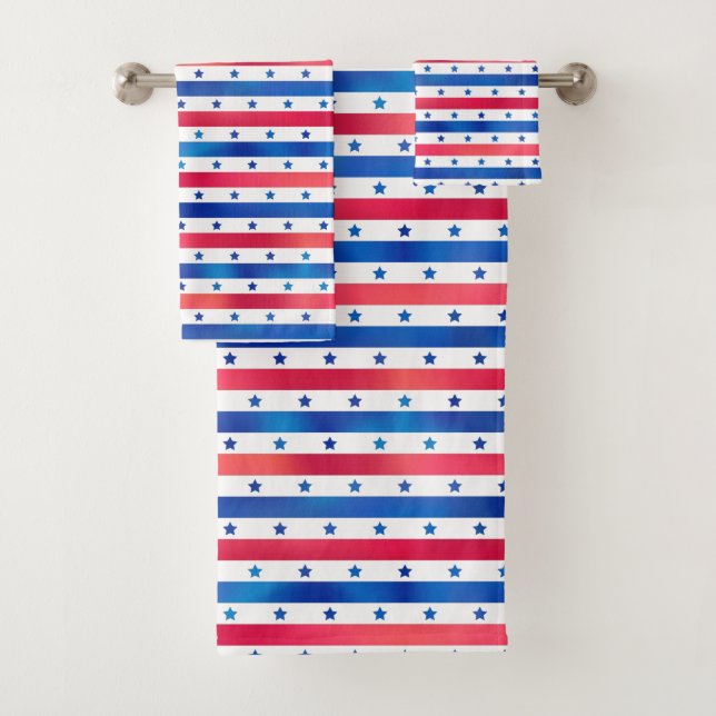 American Patriot Red White Blue Stars Stripes Bath Towel Set (Insitu)