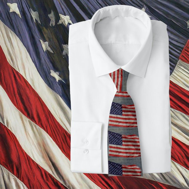 American Patriot Red White Blue Stars Stripes Flag Neck Tie (Tie on Shirt)