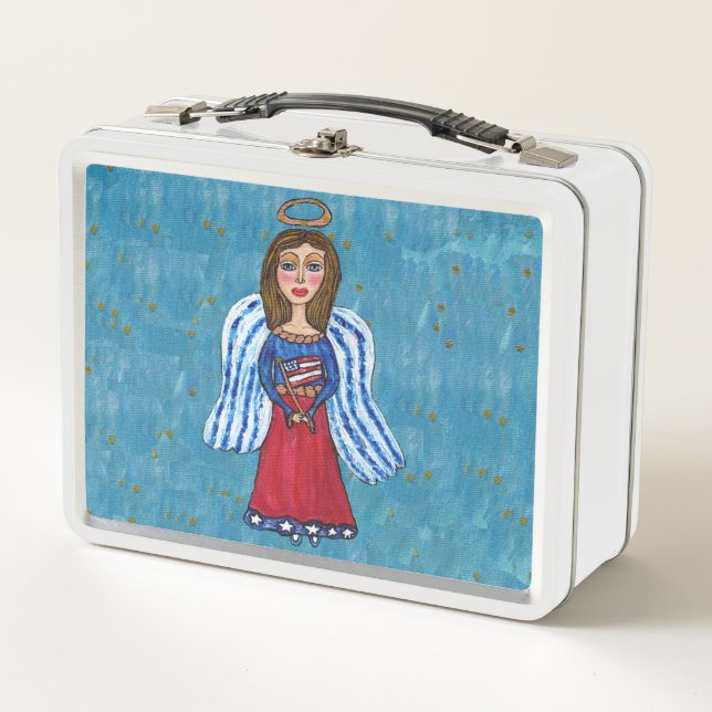 American Patriotic Angel Flag Gold Stars Blue Metal Lunch Box (Front)