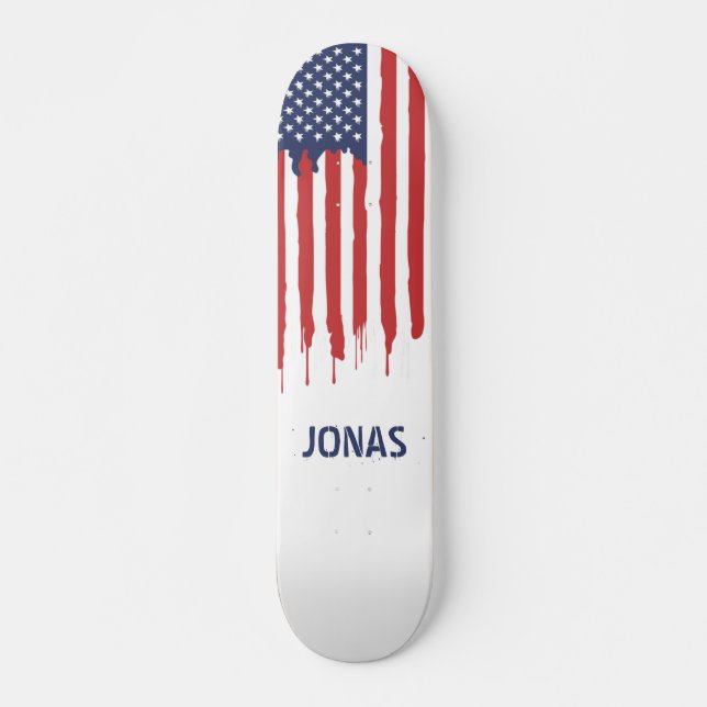 American patriotic drip flag custom name skateboard (Front)