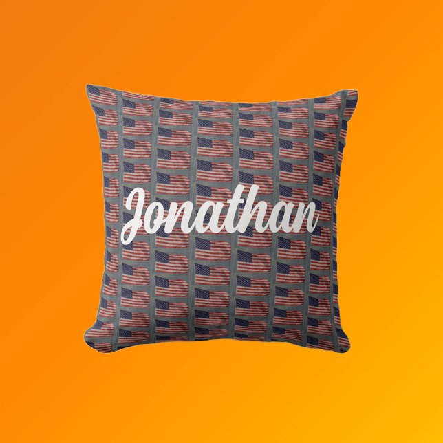 American Patriotic Flag Art Your Name White Text Throw Pillow (Front with Background)