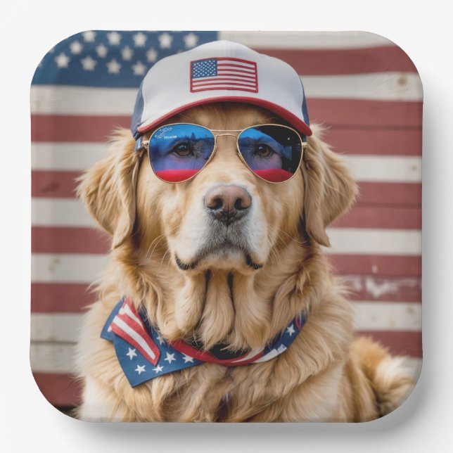 American Patriotic Golden Retriever Paper Plates (Front)