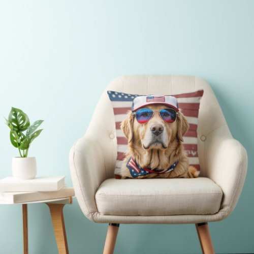 American Patriotic Golden Retriever Throw Pillow