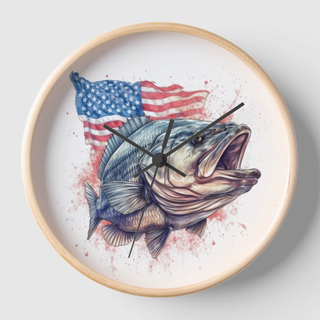 American Patriotic Sports Fisherman Wall Clock (Front)