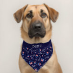 American Paw Print Pattern Red White Blue Pet Name Pet Bandana Collar<br><div class="desc">Show off your pet’s patriotic spirit with this personalized patriotic pet bandana! Featuring a bold navy blue background with stars, bones, and American flag hearts, this festive accessory is perfect for dogs and cats alike. The customizable top lets you add your pet’s name for a unique and special touch. Made...</div>