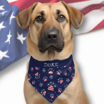 American Paw Star Pattern Red White Blue Pet Name Pet Bandana Collar<br><div class="desc">Show off your pet’s patriotic pride with this personalized American-themed pet bandana! Featuring a bold navy blue background decorated with red and white striped paw prints, stars, and festive accents, this stylish accessory is perfect for celebrating Independence Day, Memorial Day, or any all-American occasion. The top section highlights your pet’s...</div>