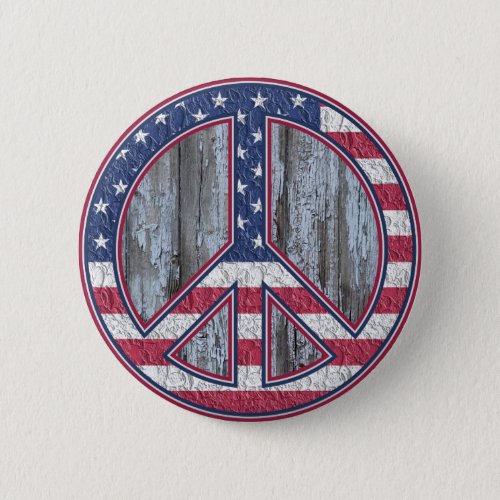 American Peace Sign on Vintage Wood Pinback Button