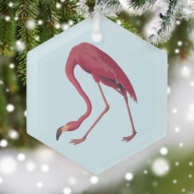 American Pink Flamingo Vintage Art Glass Ornament (Audubon Pink Flamingo Glass Ornament in Snowy Christmas Tree)