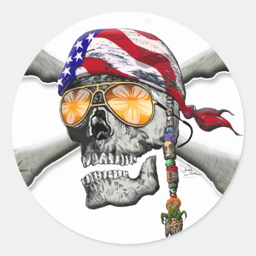 American Pirate Skull and Cross Bones Classic Round Sticker
