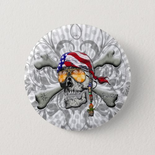 American Pirate Skull and Cross Bones Pinback Button