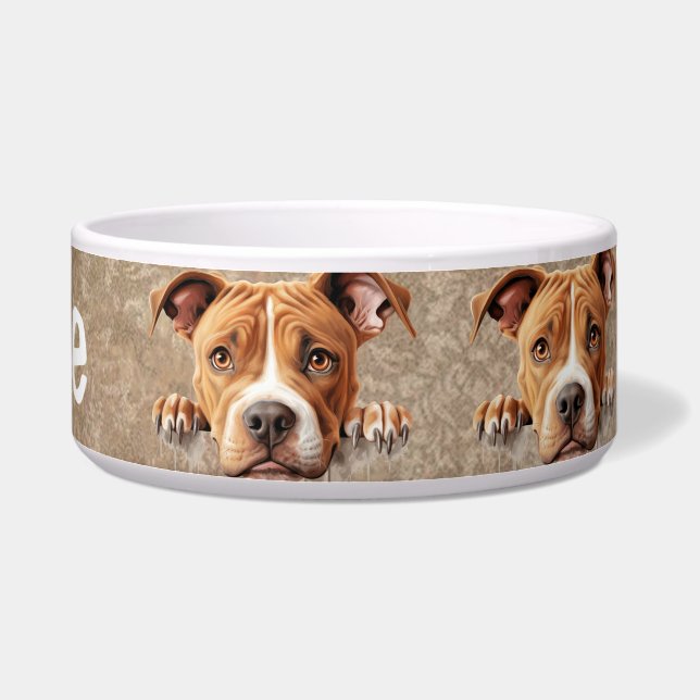American Pit Bull Peeking Puppy Dog Pet Bowl (Right)