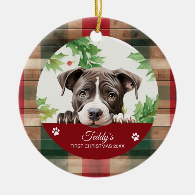 American Pit Bull Personalized Christmas Ceramic Ornament (Front)