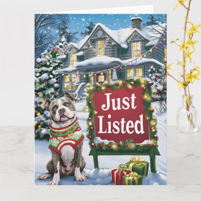 American Pitbull Festive Humor Realtor Christmas Card (Yellow Flower)