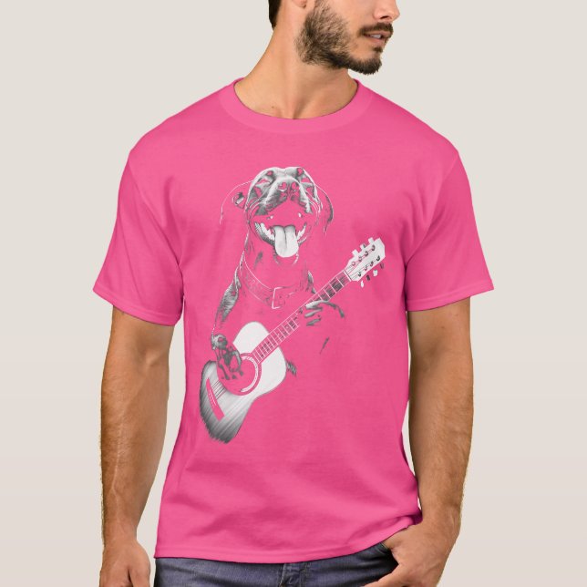 American Pitbull Playing Guitar - Funny Guitar Dog T-Shirt (Front)