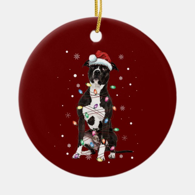 American Pitbull Terrier Christmas Lights Tree Dog Ceramic Ornament (Front)
