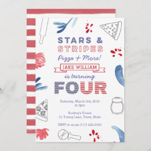 American Pizza Party for Boy or Girl 4th Birthday Invitation