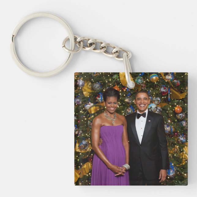 American President Barack Obama on Christmas Card Keychain (Front)