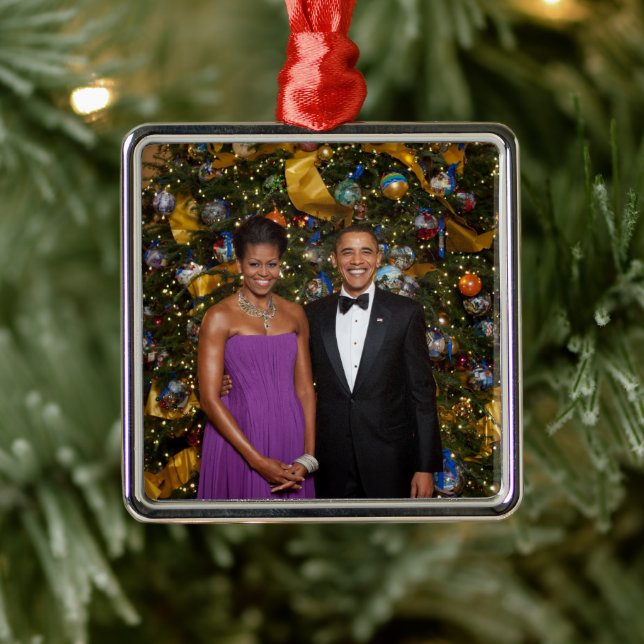 American President Barack Obama on Christmas Card Metal Ornament (Tree)