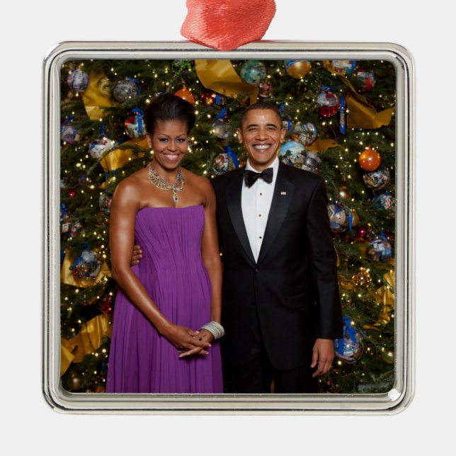 American President Barack Obama on Christmas Card Metal Ornament (Front)