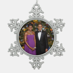 American President Barack Obama on Christmas Card Snowflake Pewter Christmas Ornament