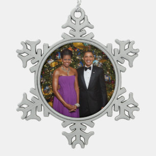 American President Barack Obama on Christmas Card Snowflake Pewter Christmas Ornament