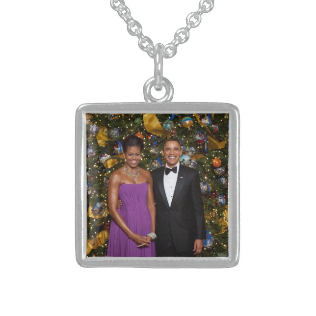 American President Barack Obama on Christmas Card Sterling Silver Necklace (Front)