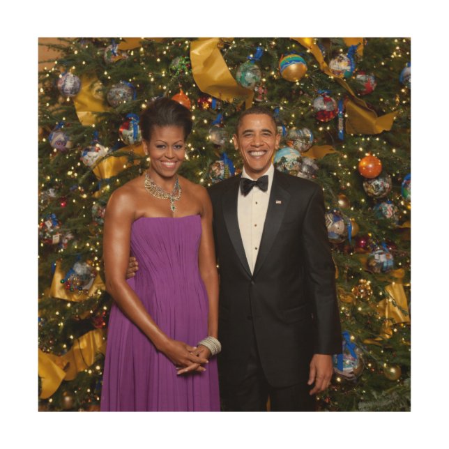 American President Barack Obama on Christmas Card Wood Wall Art (Front)