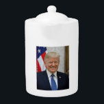 American President Donald Trump White House Teapot<br><div class="desc">Donald J. Trump the 45th President of the United States. Donald John Trump was born in Queens, New York, on June 14, 1946. His father, Fred Trump was a successful real estate developer. Trump was educated at the New York Military Academy and the Wharton School of Finance and Commerce at...</div>