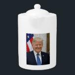 American President Donald Trump White House Teapot<br><div class="desc">Donald J. Trump the 45th President of the United States. Donald John Trump was born in Queens, New York, on June 14, 1946. His father, Fred Trump was a successful real estate developer. Trump was educated at the New York Military Academy and the Wharton School of Finance and Commerce at...</div>