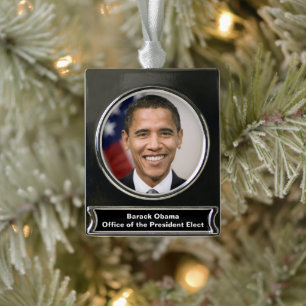 American President Elect Barack Obama  Silver Plated Banner Ornament